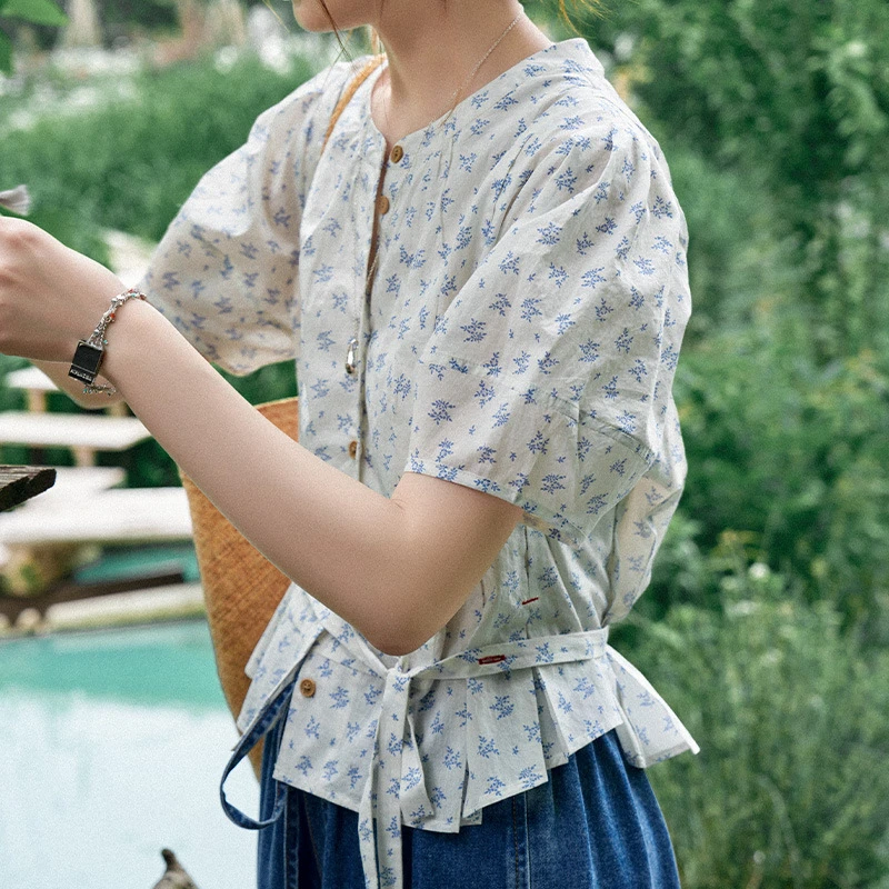 「白描工作间」" 蔷薇湖上"特定100支长绒棉设计感小众碎花衬衫女