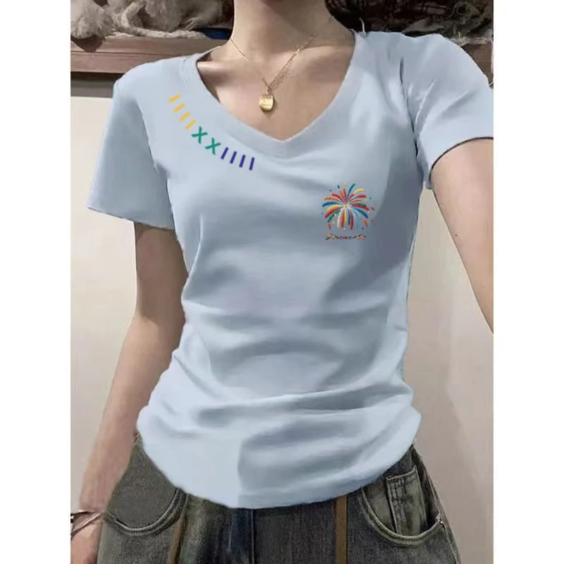 短袖V领短款夏季辣妹纯欲修身T恤夏装圆领显瘦宽松t恤打底衫女ins