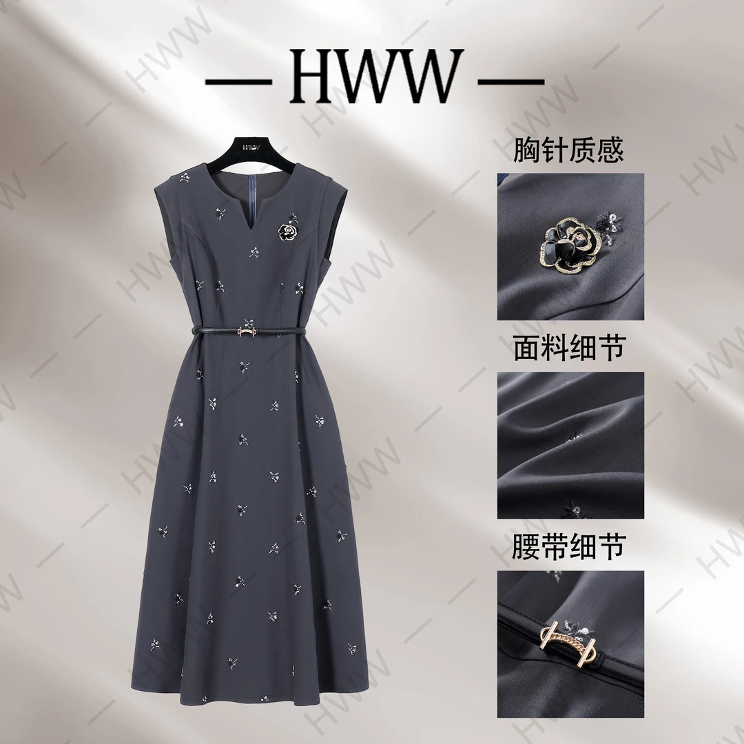【赫尔温】设计款暮云灰时尚收腰显瘦连衣裙DHZZR50236