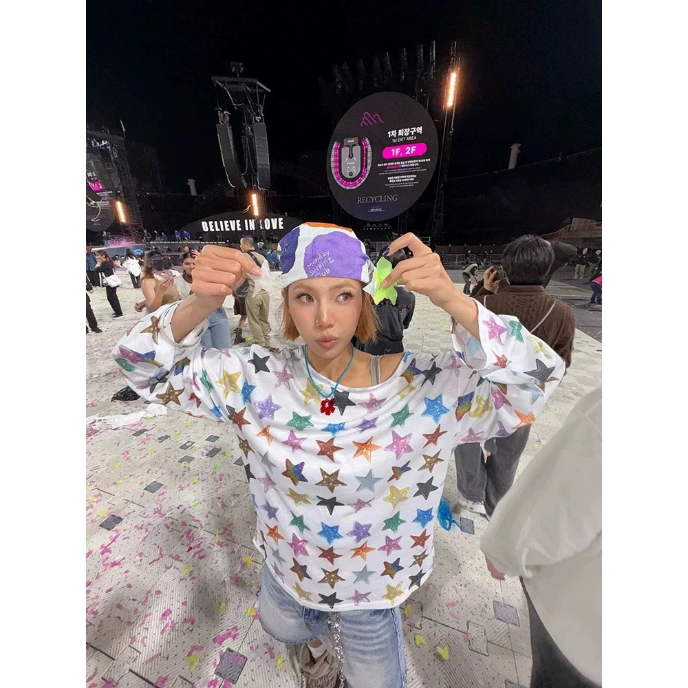 美式复古斜肩彩色星星满印慵懒防晒长袖T恤