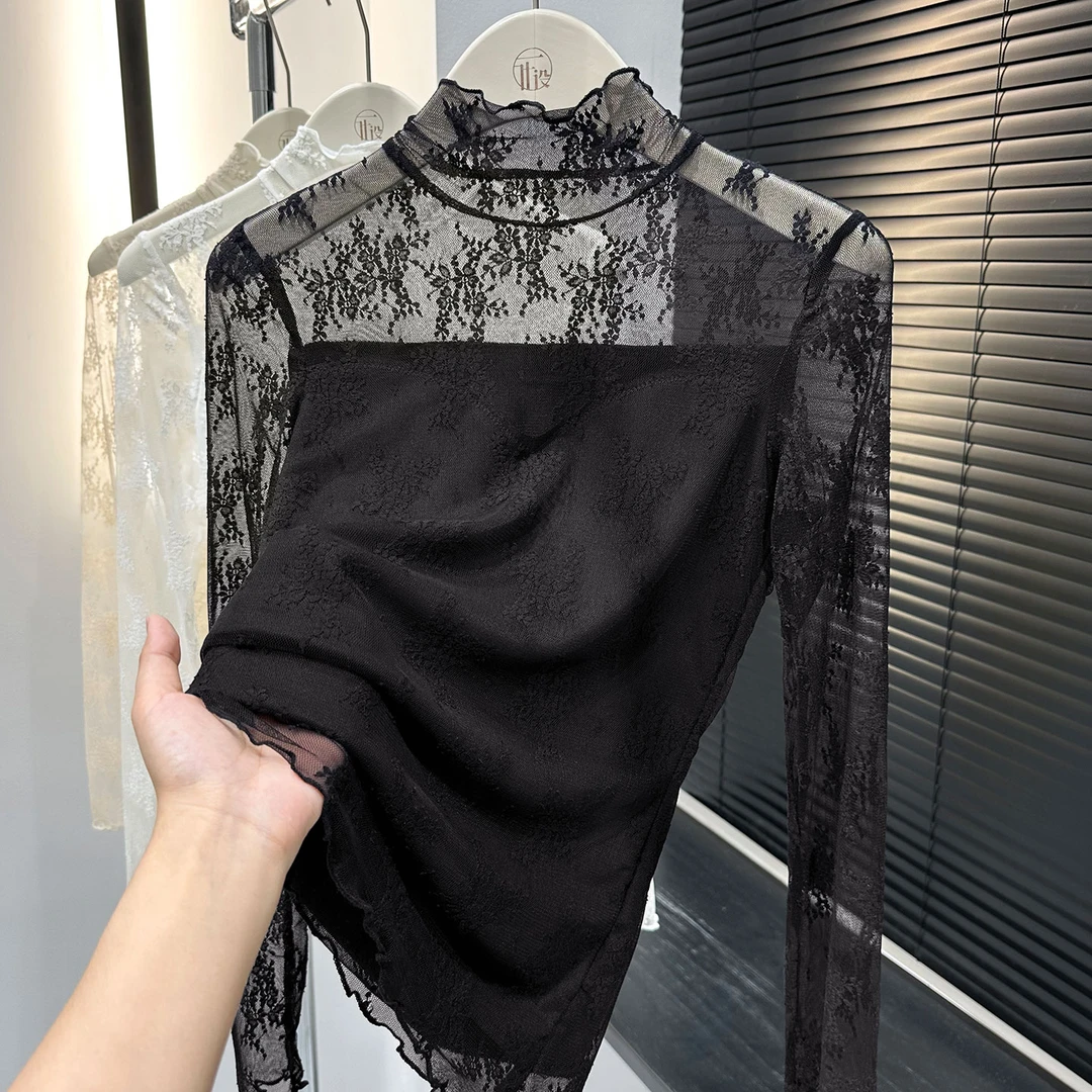 纯欲风黑色半高领网纱蕾丝衫秋冬款加绒保暖打底衫百搭长袖上衣女