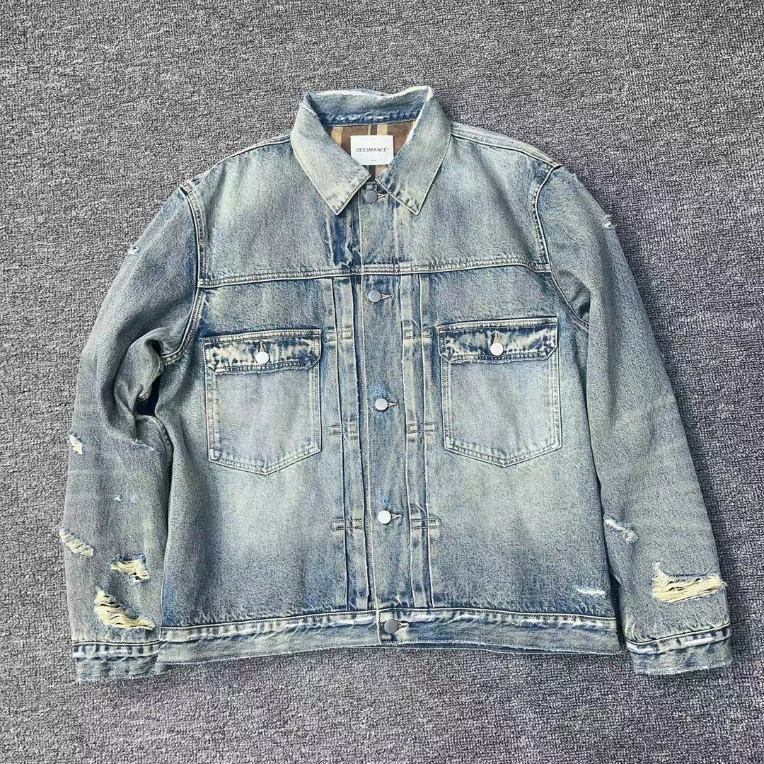 破洞格子牛仔夹克秋冬加厚美式复古宽松浅色外套男潮H5088