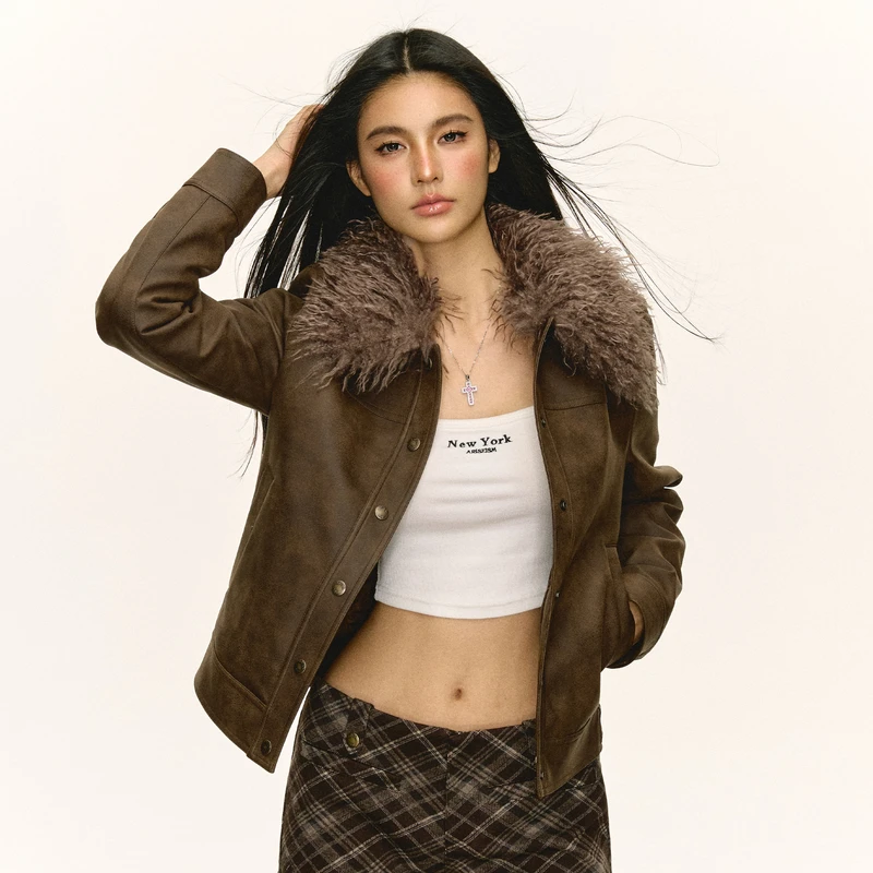 Ariseism  美式复古高级感夹棉皮衣外套女2024秋冬新款美拉德上衣