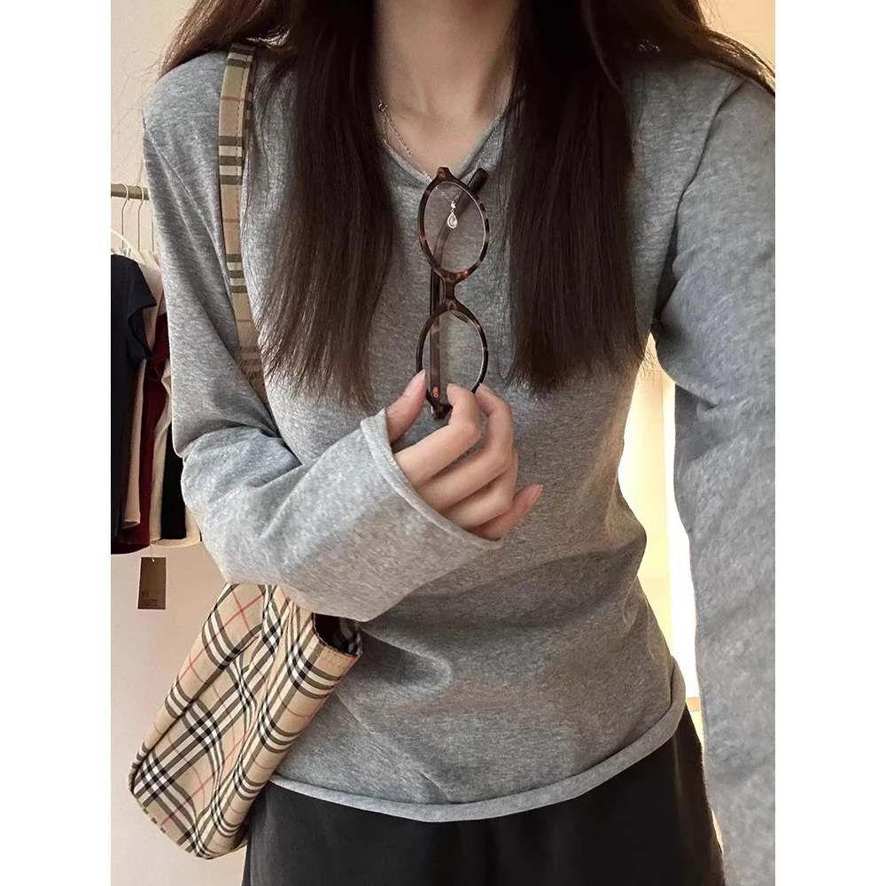 简约灰色打底衫女春季2025卷边韩系长袖T恤修身显瘦正肩内搭上衣