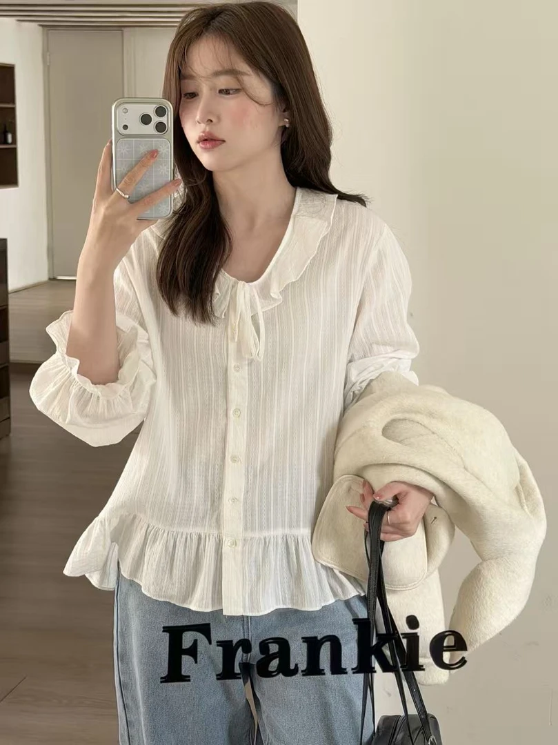Miao【长岛初秋】韩版秋冬气质显瘦白色百搭休闲宽松花边衬衫