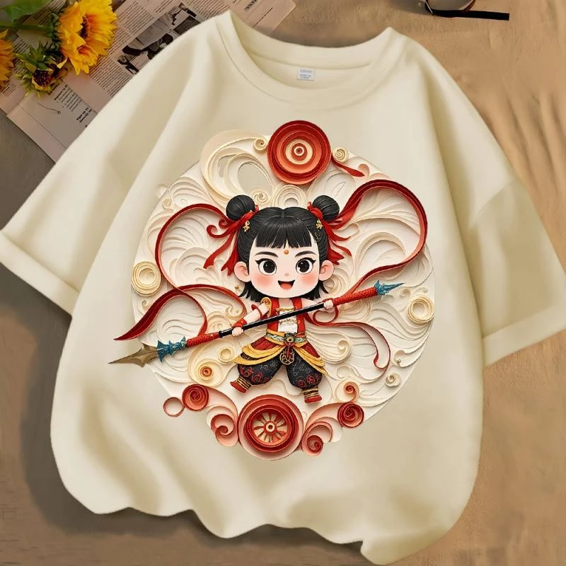 国潮哪吒夏季春款男女中大儿童短袖棉质圆领宽松百搭上衣卡通纯棉