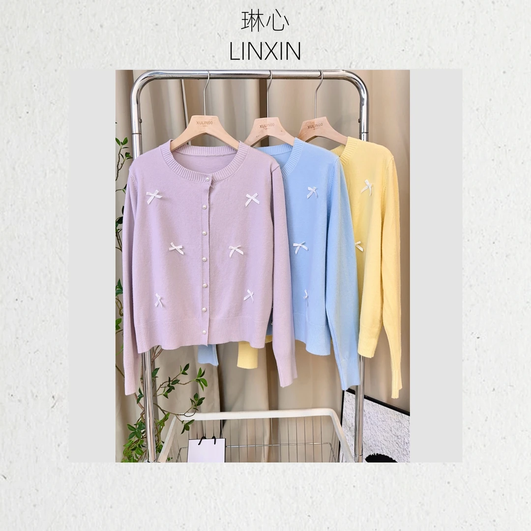 春夏季新款韩版减龄温柔风蝴蝶结钉珠圆领针织衫 HM6292