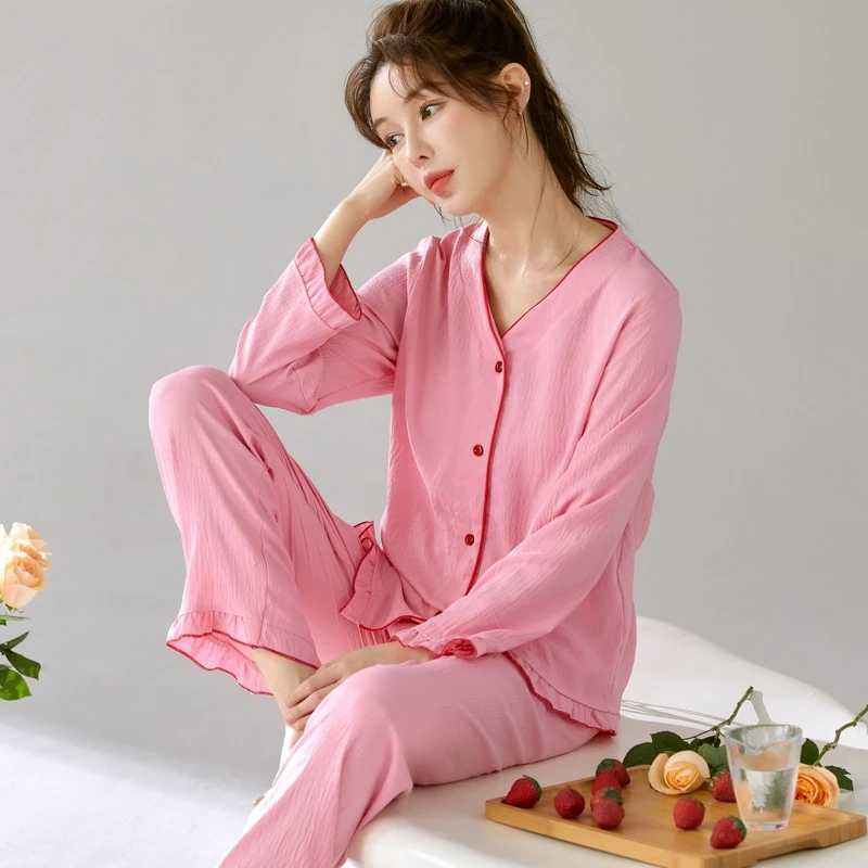 2025新款女士棉纱睡衣夏季时尚舒适长袖家居服套装云朵棉春秋薄款