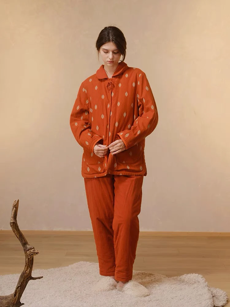 朵朵可可睡衣女2024冬季新款加厚里外纯棉三层夹棉提花家居服套装