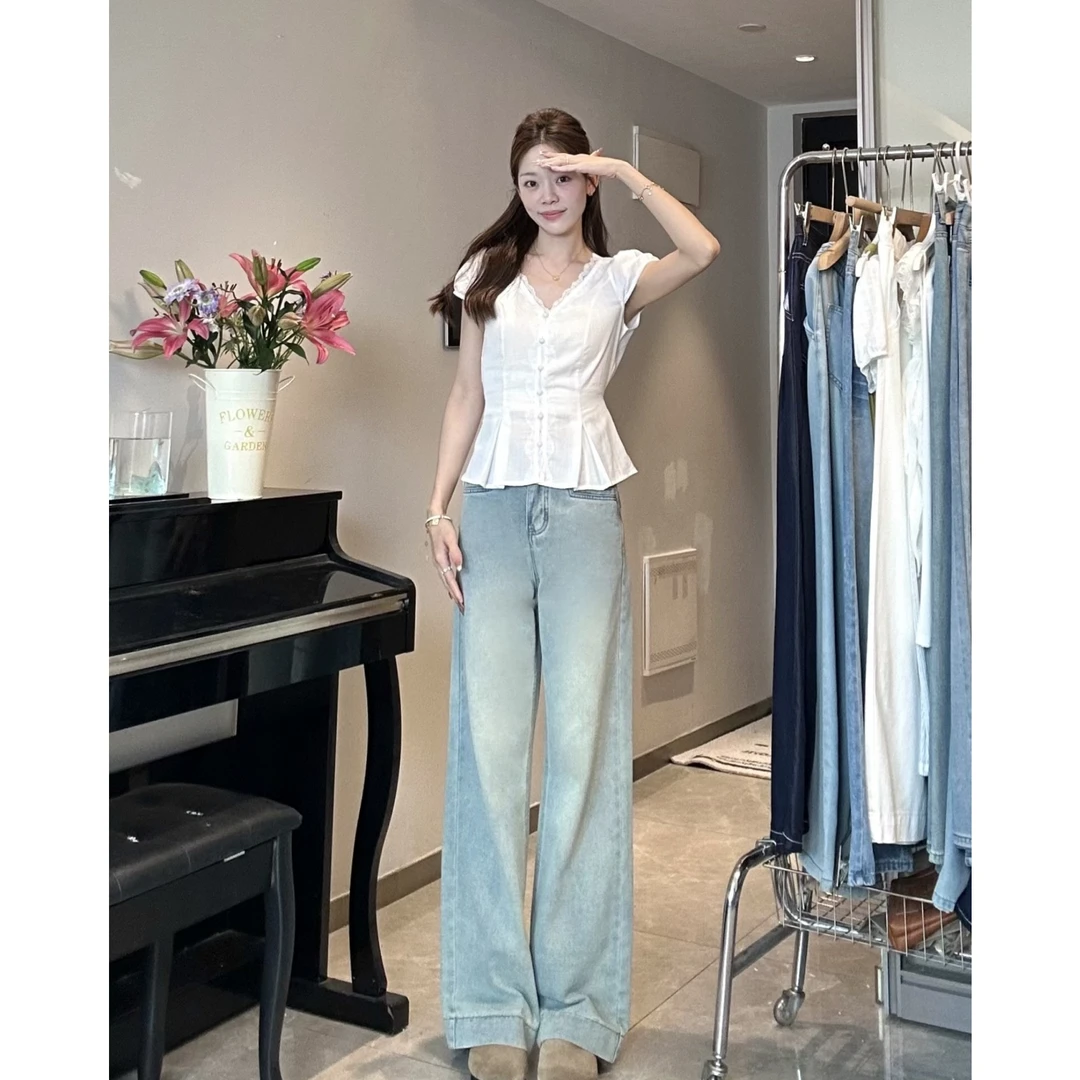 美思【送丝带 运费险】超薄2025夏冰川蓝窄版阔腿裤高腰牛仔裤