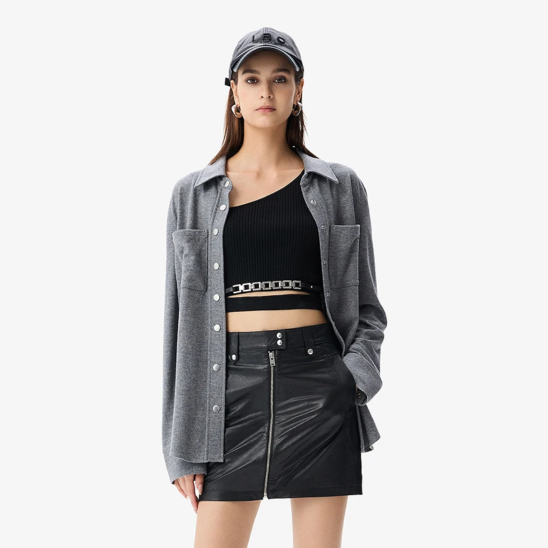 IRO Night 灰色衬衫外套长袖单排扣含绵羊毛极简法式轻奢25秋新款