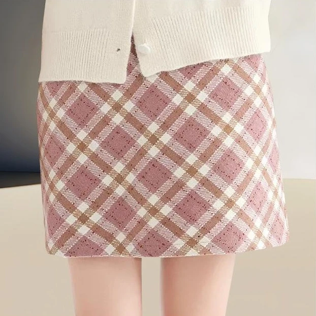 粉色格子毛呢半身女秋冬短裙2025新款高腰a字网红洋气炸街女装