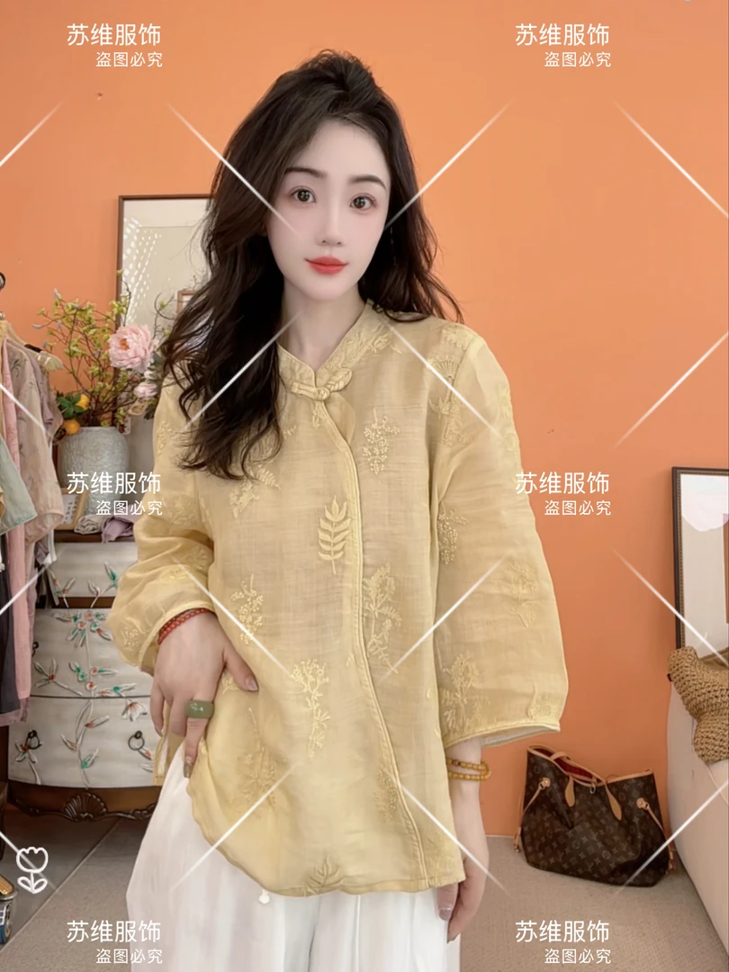 2252女士夏季新中式苎麻斜襟盘扣刺绣文艺宽松薄款衬衫