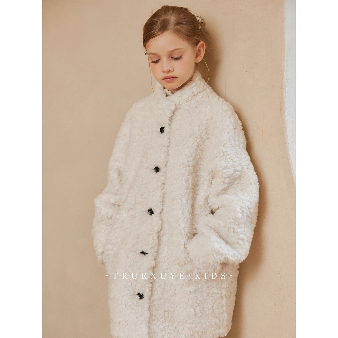 【不掉毛】初煦童装秋冬羊羔毛外套中长款皮毛一体保暖加厚立领大衣