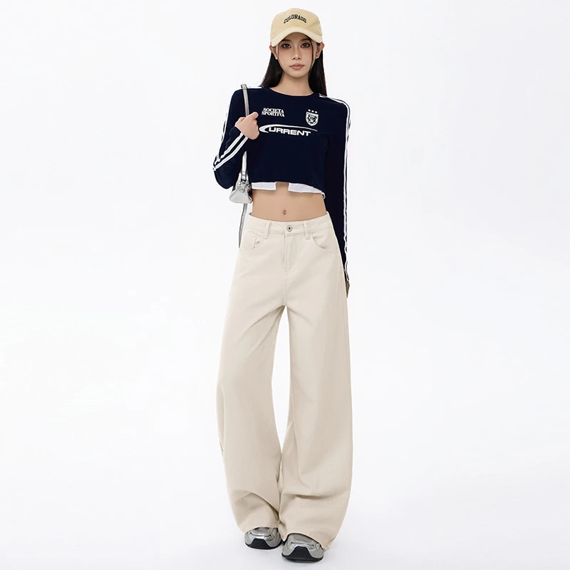 【GYNW】2025新款杏色牛仔阔腿直筒女春夏阔腿柔软垂感百搭拖地裤