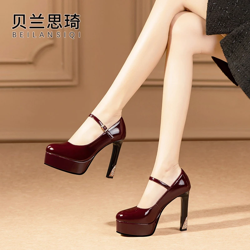 真皮一字带厚底粗跟单鞋女2025春秋走秀模特防水台超高跟鞋8948