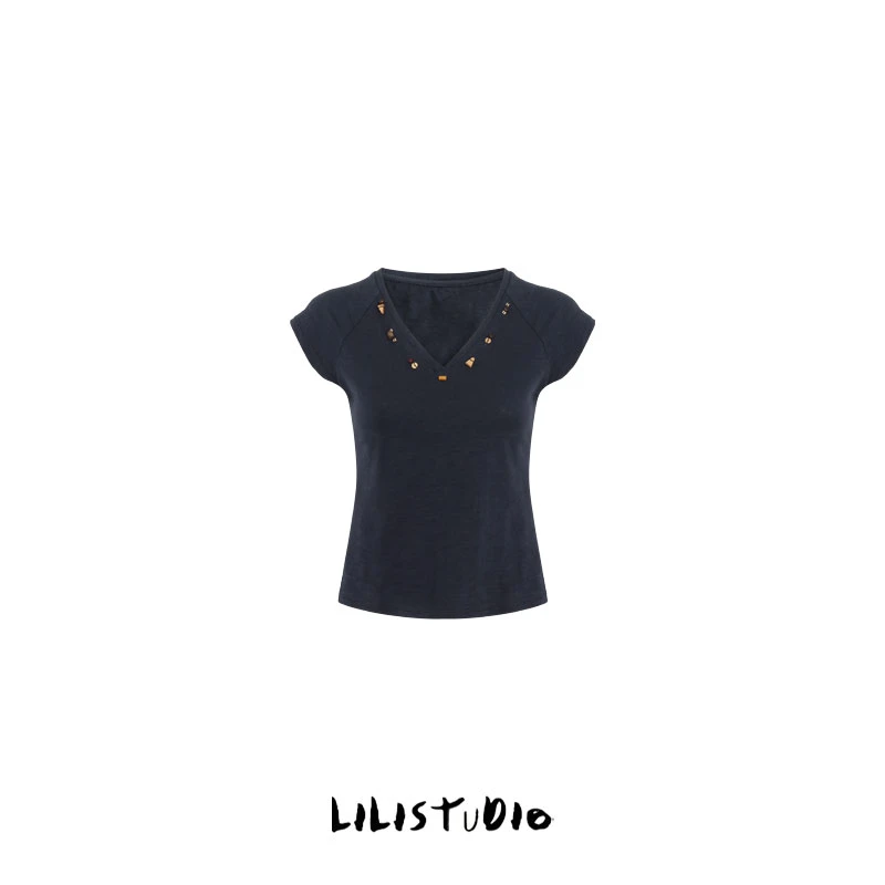 「饰扣妙姿」不理理夏季新款女装时尚气质修身设计百搭休闲t恤