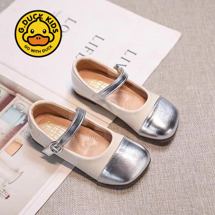 小黄鸭女童皮鞋2025年新款小香风银色儿童单鞋宝宝洋气软底公主鞋