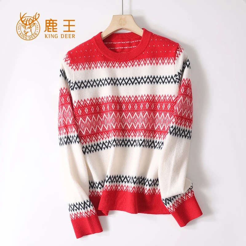 King Deer/鹿王24新款女圆领100山羊绒时尚提花针织套衫厚 4J9540