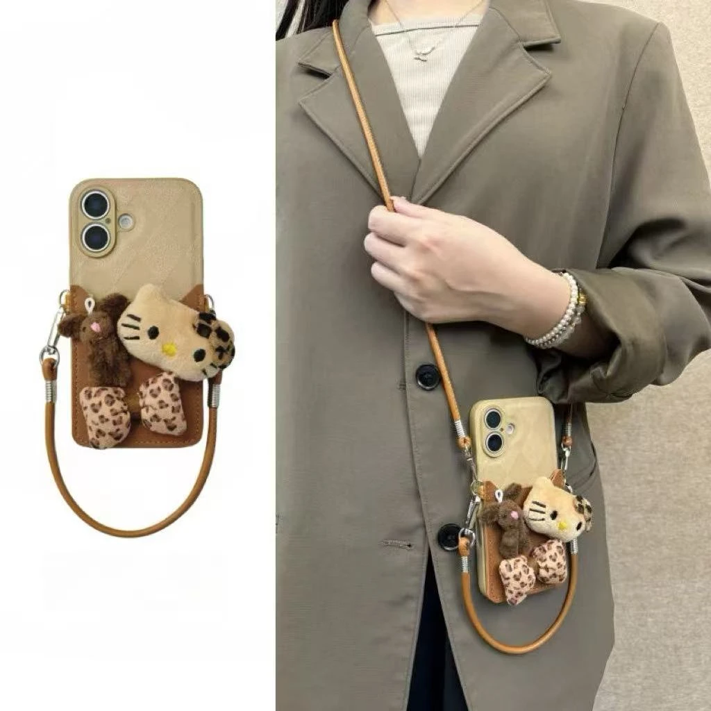 复古毛绒Kt猫兔子卡包适用iphone16pro手机壳苹果15pro皮纹14pro