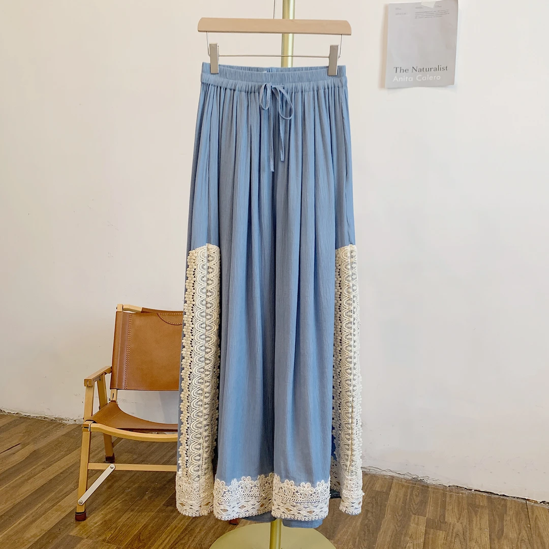 点幽Y2955蕾丝拼接松紧腰系带阔腿裤