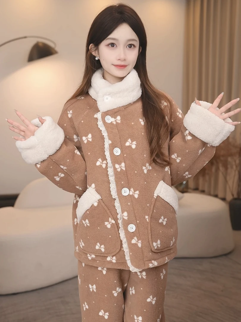 板栗小姐加厚款【蝴蝶结立领】2025冬季长袖加绒加厚睡衣女可外穿