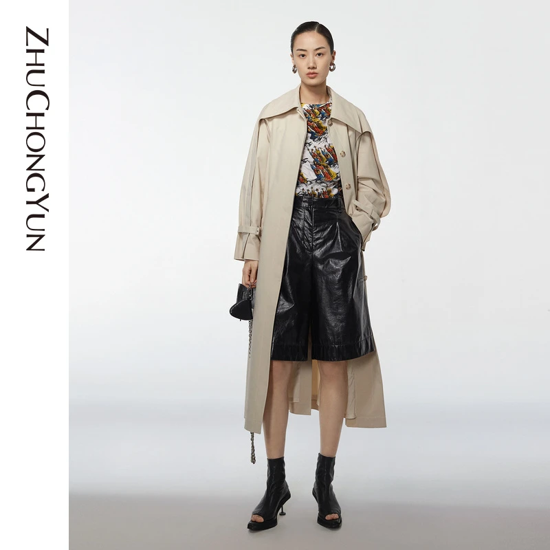 【米儿精选】ZHUCHONGYUN春新品经典版型翻领系带气质时尚卡其风衣