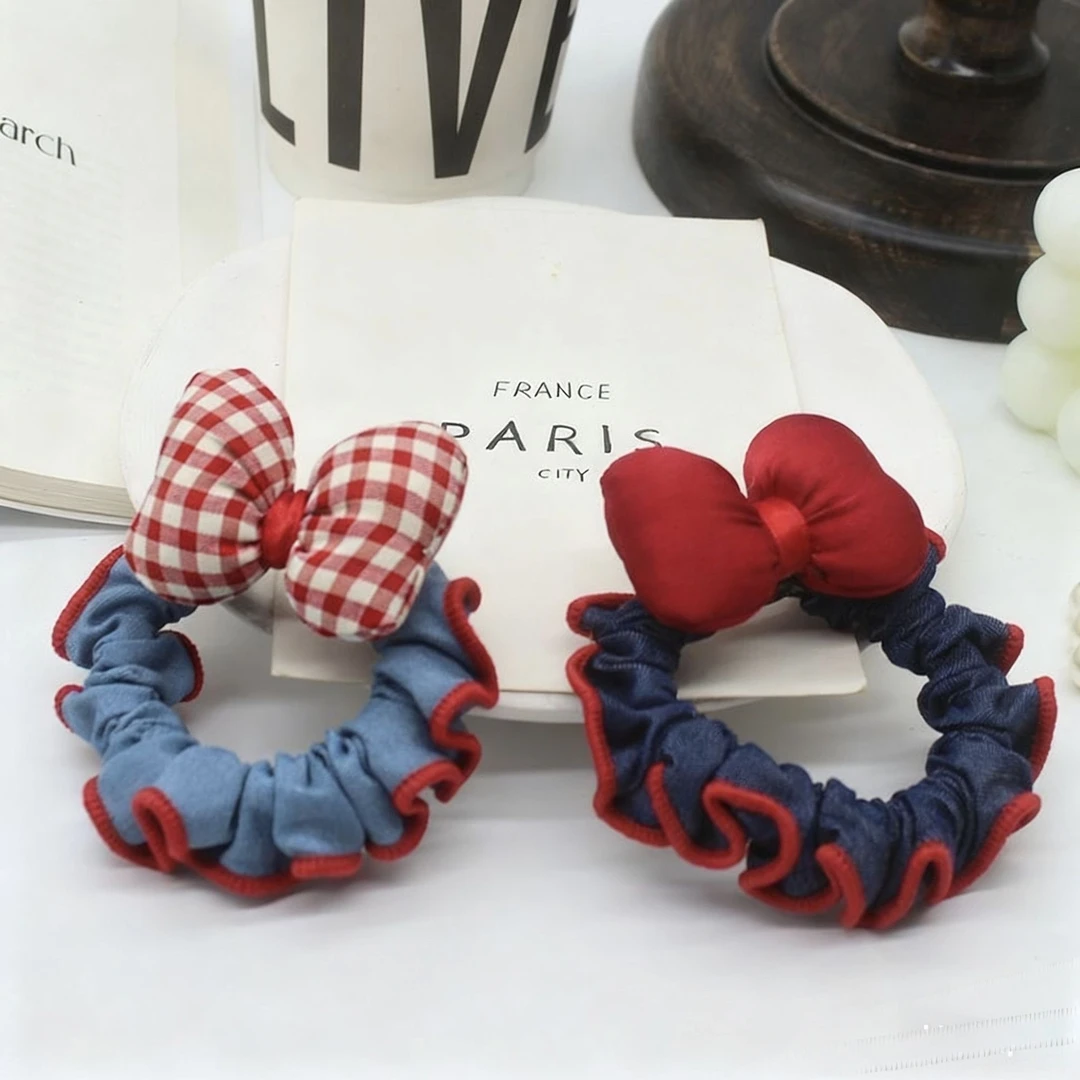 在逃公主~韩版甜美红边牛仔蝴蝶结小肠发圈时尚复古发绳头绳JJW