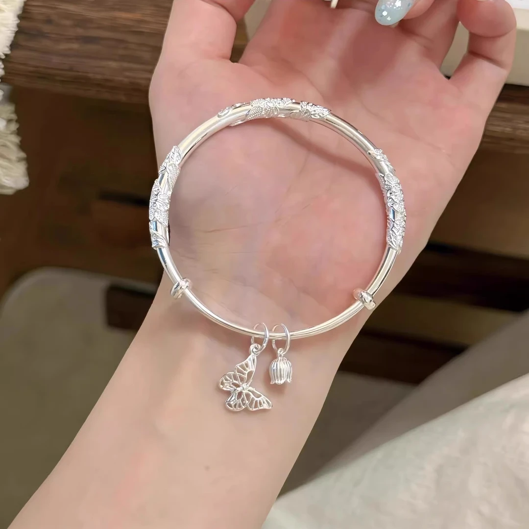 足银手镯  蝴蝶铃兰繁花实心手镯999镯子年轻款送女友生日礼物