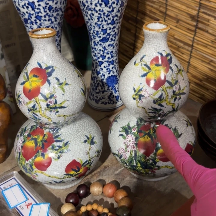 陶瓷葫芦瓶一对炸漏桃