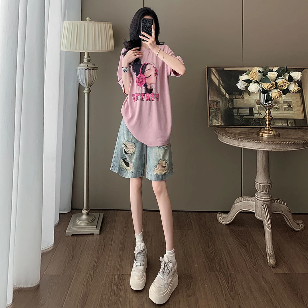 甜美时尚休闲套装女夏季新款圆领印花刺绣T恤阔腿破洞短裤两件套