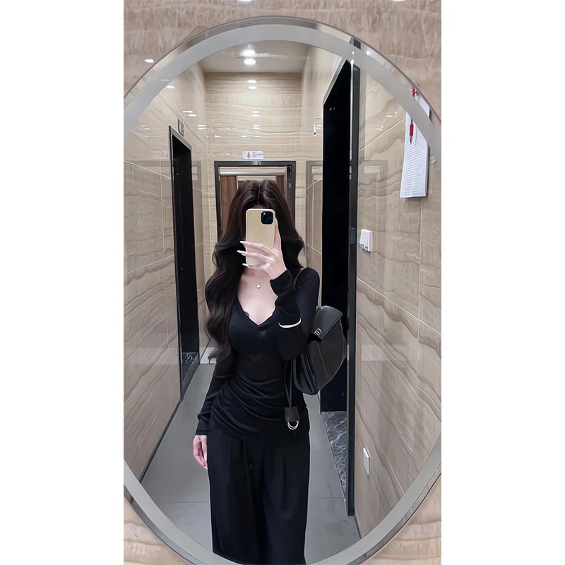 纯欲风黑色v领长袖T恤蕾丝拼接修身收腰打底衫紧身上衣显瘦裤子