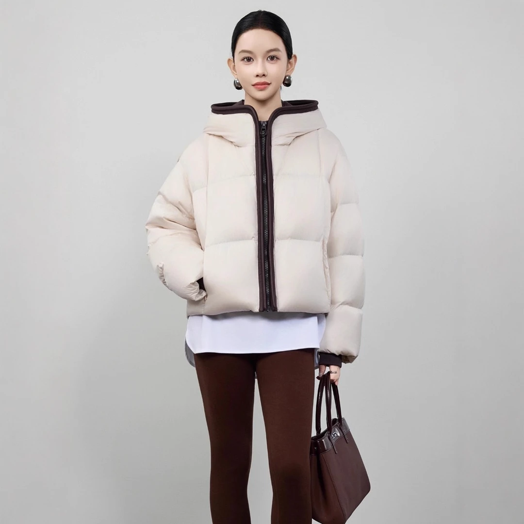 VONSRMAN门襟撞色连帽羽绒服女冬季2025新款休闲气质加厚保暖外套