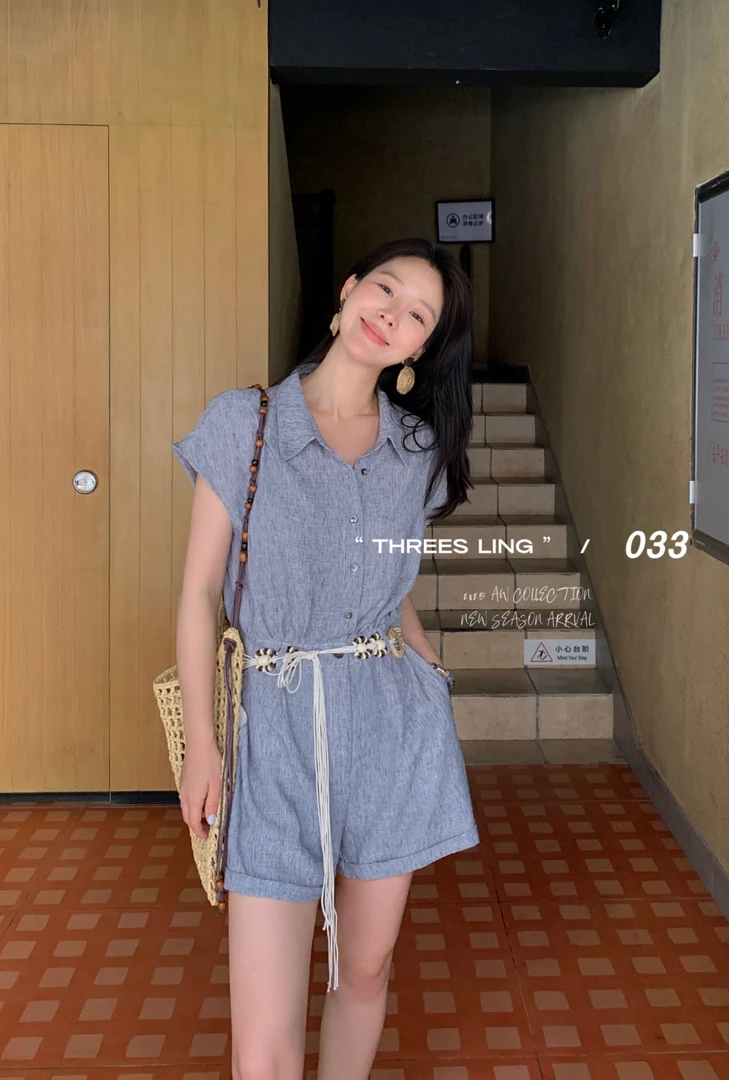 福秒-飞飞袖的、松弛感排扣设计收腰宽松连体裤+腰带（03R313#）033