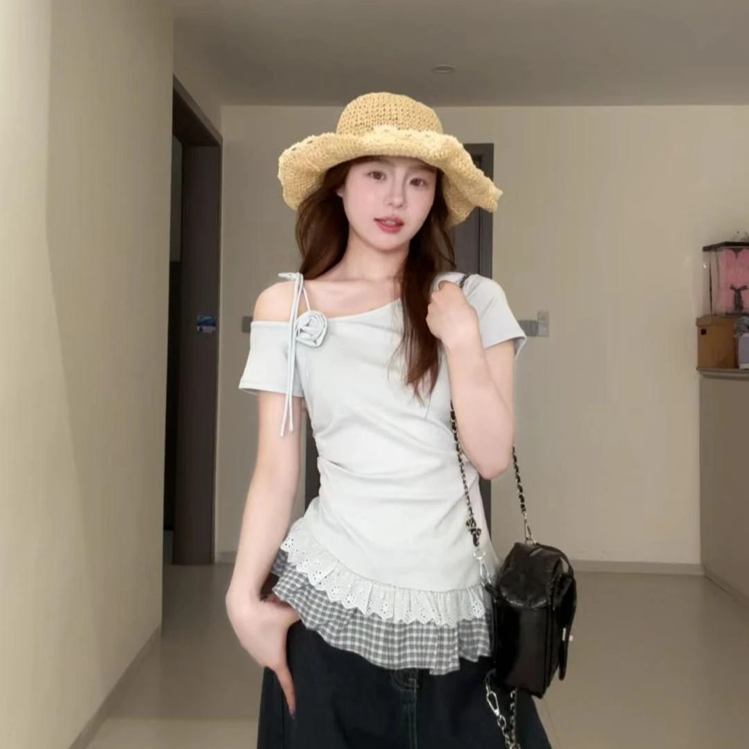 夏季韩系新款设计下摆荷叶花边拼接格子短袖时尚百搭设计感修身