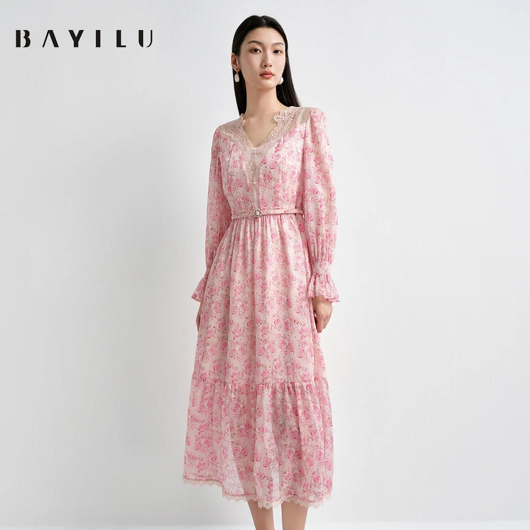 芭依璐春季连衣裙女v领优雅收腰长裙91L7008(颜色不同面料)