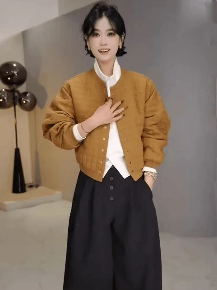 秋冬新款简约时尚圆领小格休闲棉服女按扣螺纹袖口松紧下摆短外套