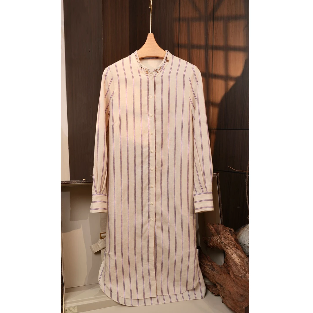 喵喵家【意大利软麻】气质休闲时尚百搭条纹宽松长款女长袖衬衫裙