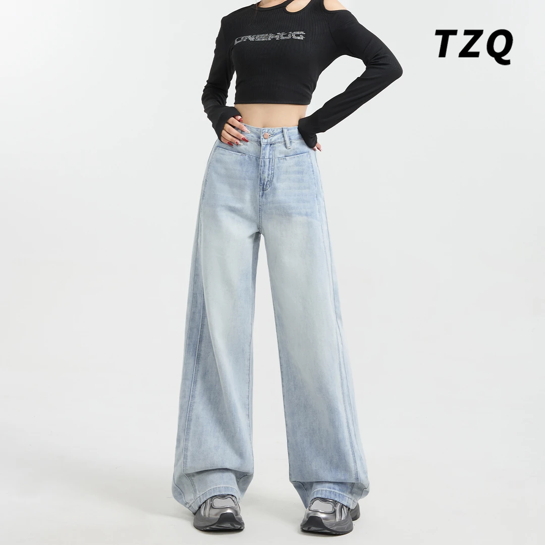 美式浅蓝阔腿牛仔裤女2025春秋新款高腰显瘦宽松直筒裤TZQ121644