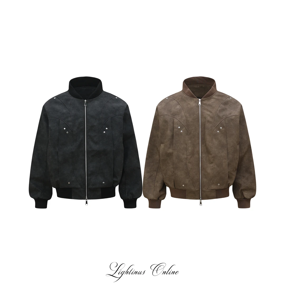 Lightinus【2.0】小众蛇纹浮雕压花皮衣分割裁剪高级感短宽夹克外套