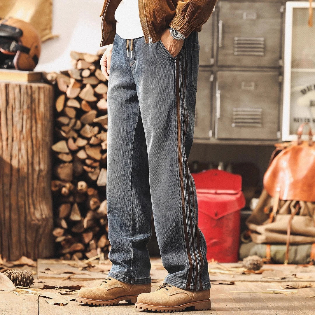 美式复古拼接三条杠牛仔裤男款秋冬潮牌设计感宽松直筒男士休闲裤