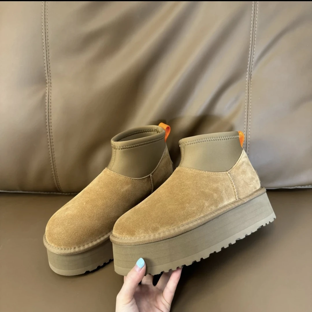 【短筒迪普|厚底5CM】桑坡皮毛一体短筒马丁靴女高跟靴新款冬弹力靴