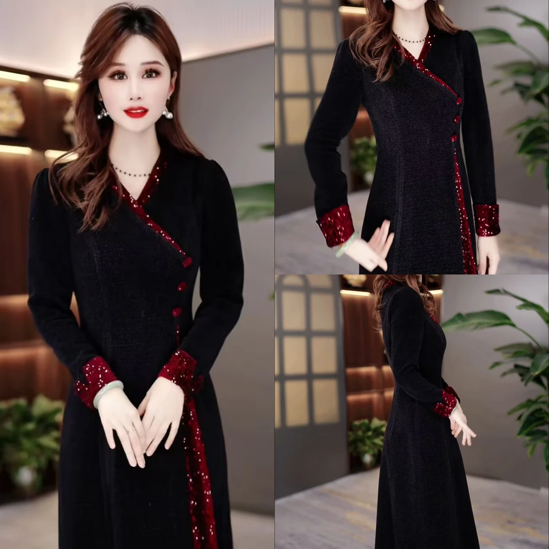 秋冬加厚连衣裙2024秋冬新款显瘦修身气质遮肚加厚裙子MY24Y1332