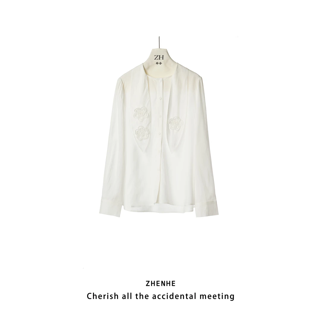 ZH【恰逢花开】法式刺绣立体花朵系带衬衫女设计感衬衣