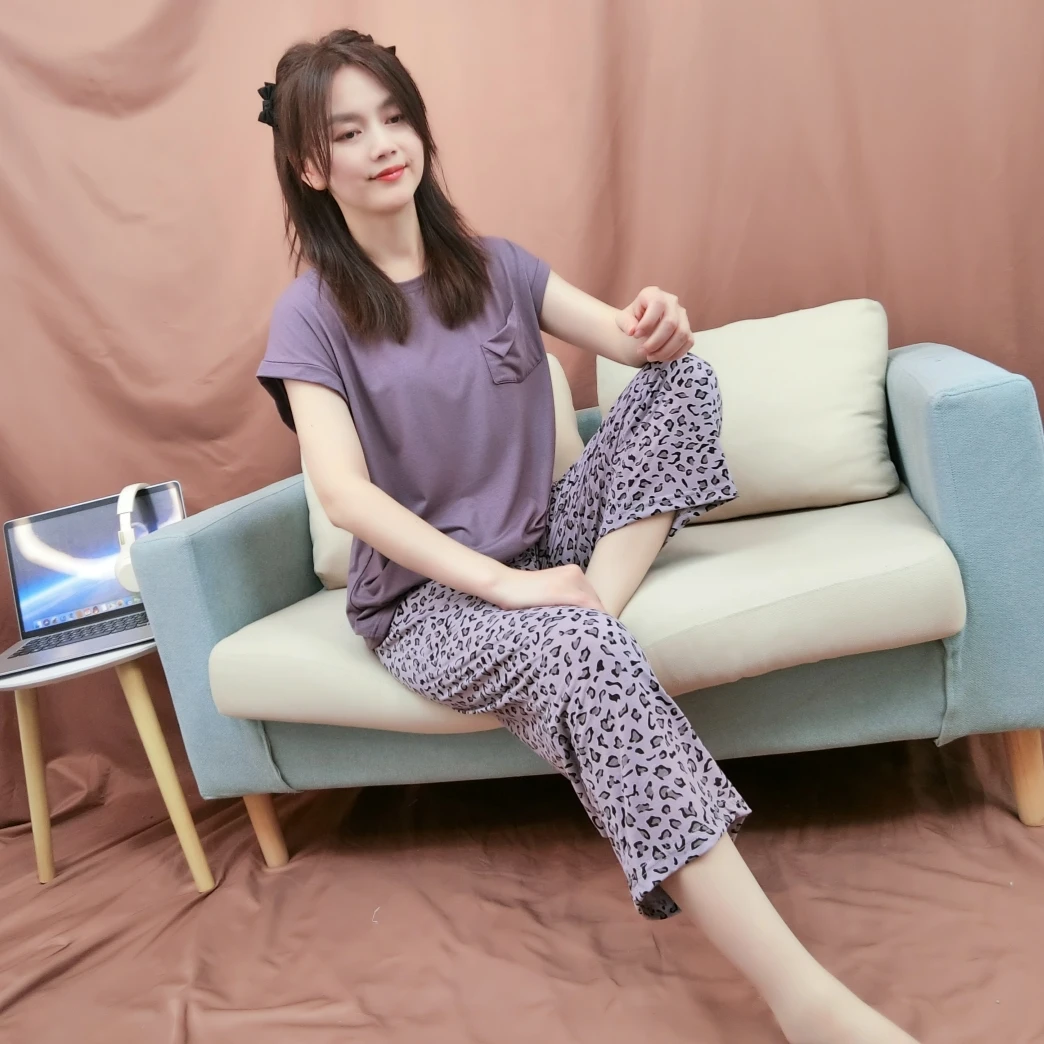 莫代尔超薄睡衣女清爽夏季短袖七分裤薄款宽松夏天可外穿家居服
