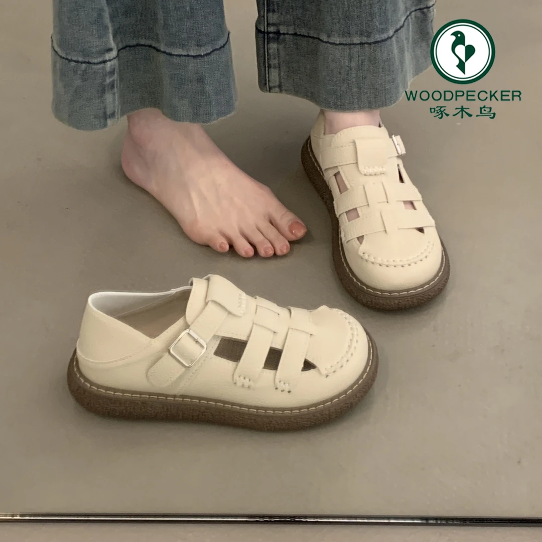 啄木鸟包头编织软厚底罗马凉鞋女款2025年新款夏季外穿半托凉拖鞋