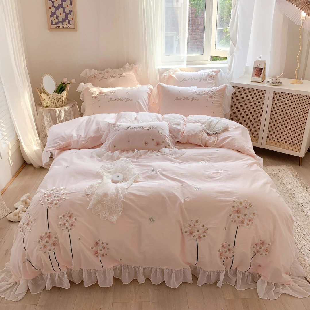 柔丝宇【盛夏】新款全棉水洗棉四件套工艺款绣花被套床单床上用品