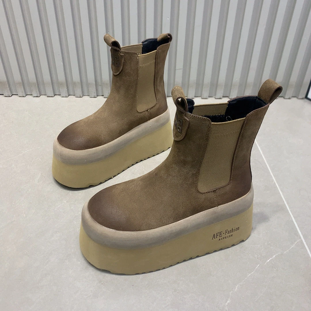 富贵足A1709-17韩版厚底8公分休闲百搭网红牛反绒保暖切尔西短靴