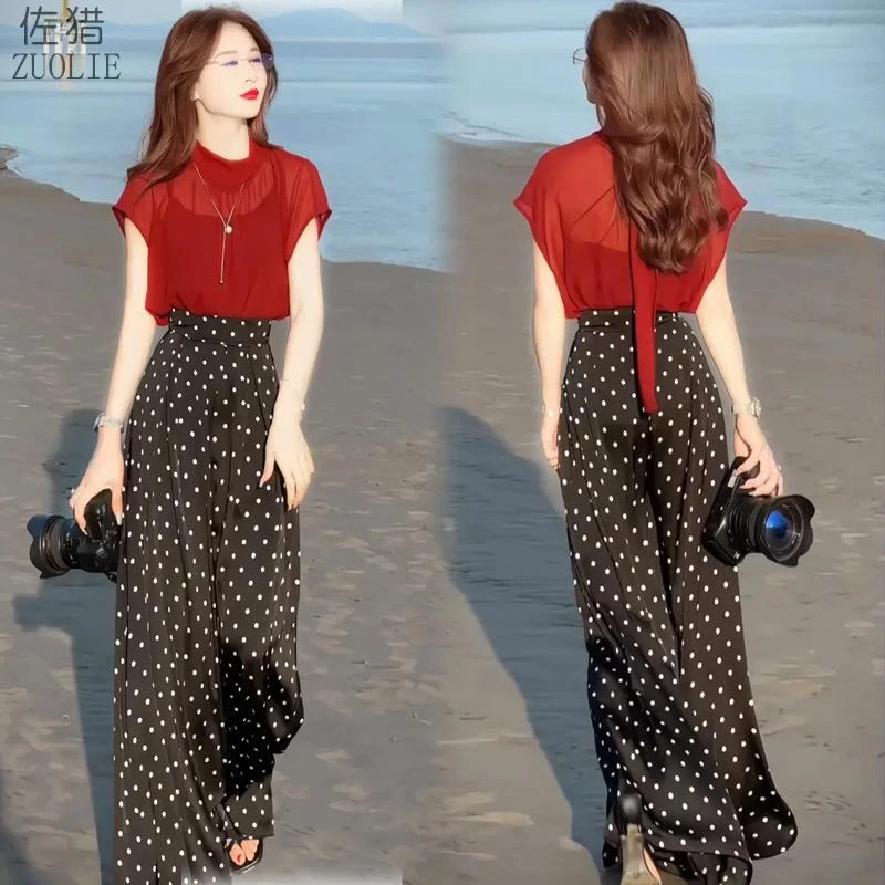 高腰显瘦百搭大裤脚裤裙女夏装2025新款韩版波点减龄洋气阔腿裤潮