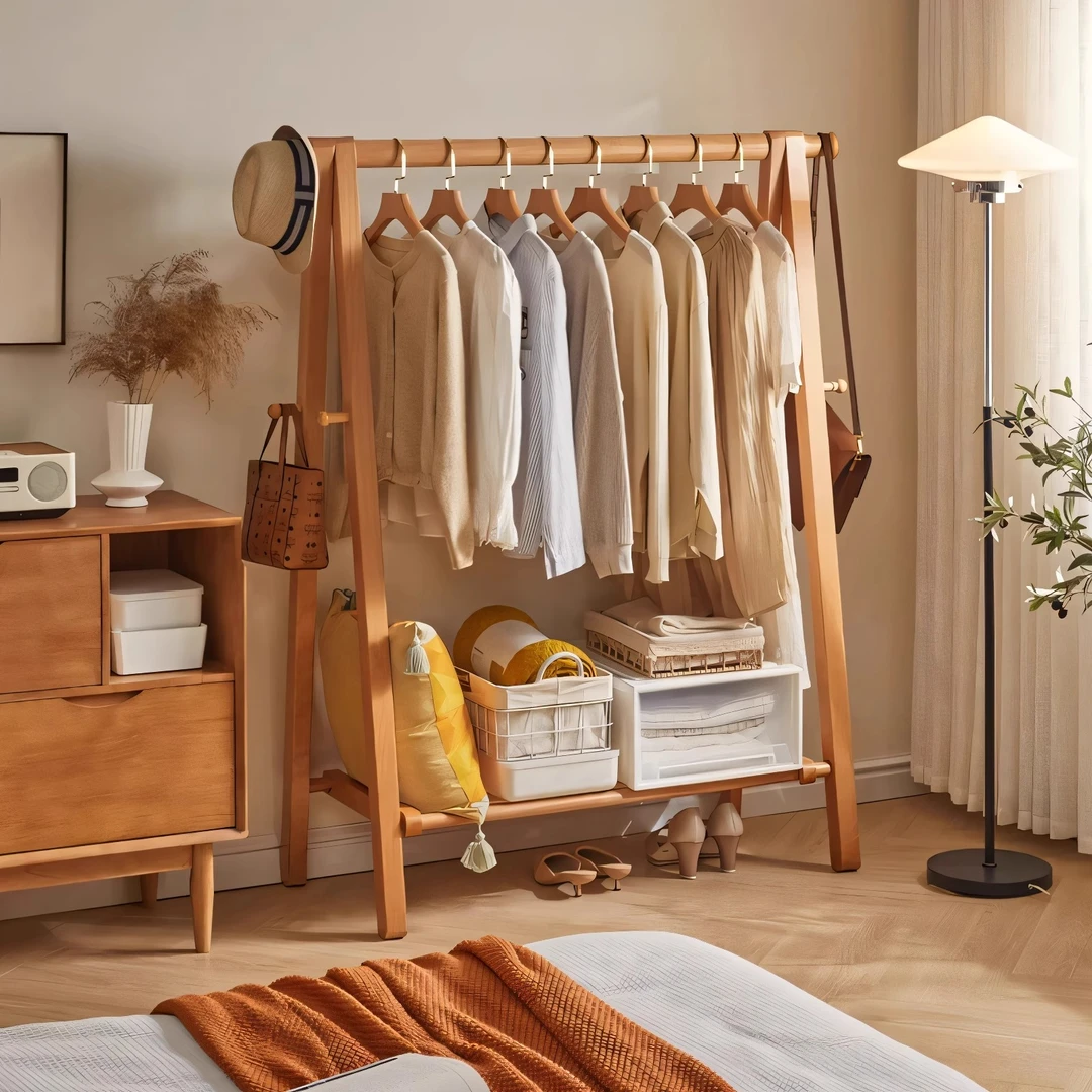 实木挂衣架落地式卧室衣帽架家用房间室内挂衣服立式木质晾衣架子